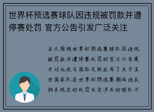 世界杯预选赛球队因违规被罚款并遭停赛处罚 官方公告引发广泛关注