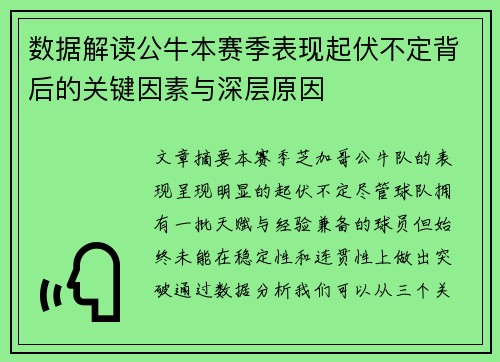 数据解读公牛本赛季表现起伏不定背后的关键因素与深层原因